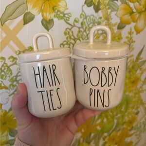 Rae Dunn Cream Hair Ties and Bobby Pins Jars